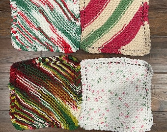 Christmas Dishcloth variegated, knit cotton dishcloth,  speckled, or striped green and red