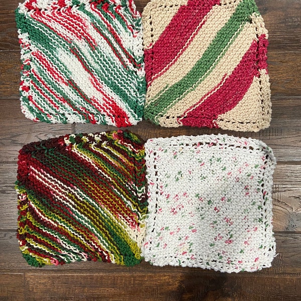 Dishcloth variegated, knit cotton dishcloth,  speckled, or striped green and red, Christmas dishcloths
