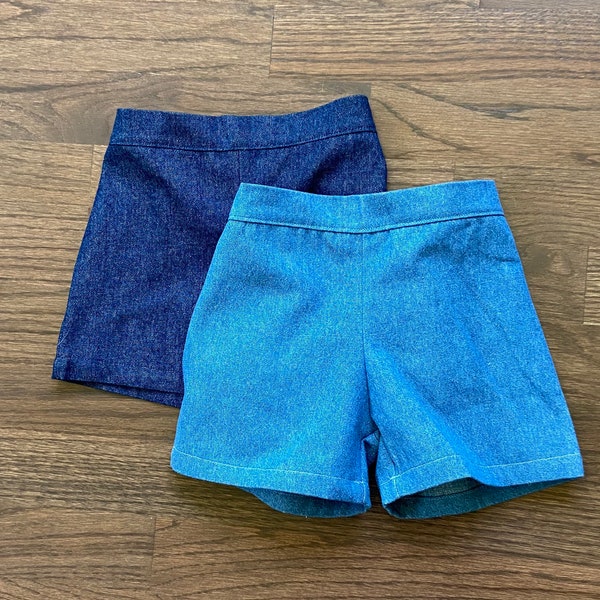 Baby Denim shorts, Toddler denim shorts,  flat front elastic waist denim shorts, size 6 months to size 4T