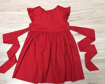 Handmade Red Kona Cotton Dress, Flutter Sleeves, Baby Toddler Girl