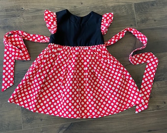 Minnie mouse dress, Monogrammed dress, Red polka dot flutter sleeve girl dress, baby girl flutter sleeves dress