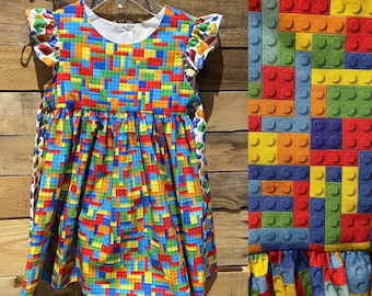 Building block girls dress, flutter sleeve building block dress, Retro style dress, handmade.