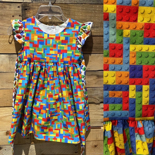 Building block girls dress, flutter sleeve building block dress, Retro style dress, handmade.