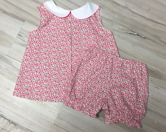 Pink Girls top and bloomer set, Peter pan collar top, bloomer set, summer beach outfit, tunic and bloomer set, size infant, toddler, girls.