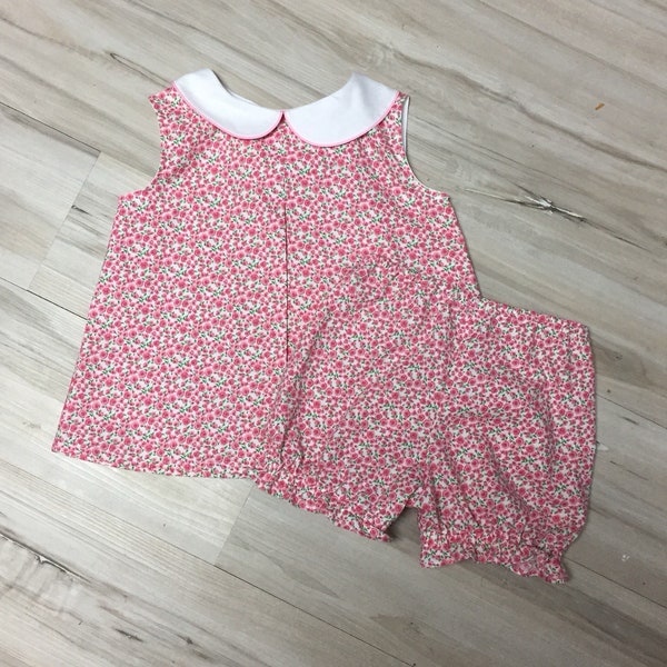 Pink Girls top and bloomer set, Peter pan collar top, bloomer set, summer beach outfit, tunic and bloomer set, size infant, toddler, girls.
