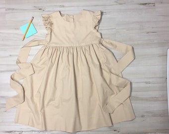 Khaki flutter sleeve girl dress, toddler flutter sleeves dress, baby girl flutter sleeve dress, girls little Khaki dress, back to school.