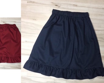 Navy modest twill skirt ruffle, Elastic waist Navy Blue, or dark Crimson red skirt, available in girl sizes 2, 3, 4, 5, 6, 7, 8, 10, 12