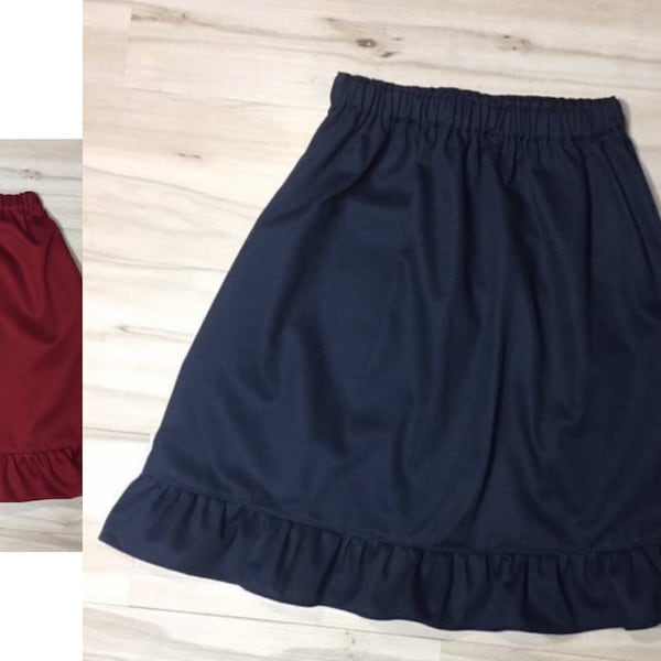 Navy modest twill skirt ruffle, Elastic waist Navy Blue, or dark Crimson red skirt, available in girl sizes 2, 3, 4, 5, 6, 7, 8, 10, 12