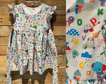 Alphabet Animal Print Girls Dress: Retro Flutter Sleeve Handmade