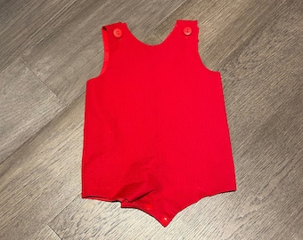 Red Seersucker Jon Jon, Handmade Baby Boy Shortalls, romper
