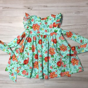 Floral Dress, Aqua floral Toddler Dress Girl, Bright floral dress  , Baby dress, girl flutter sleeve dress, Retro style dress, Custom dress.
