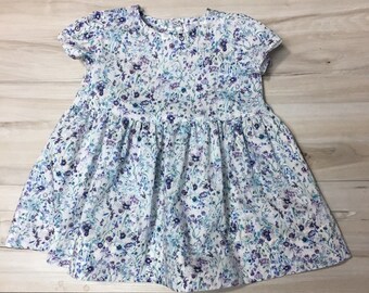 Liberty dress, Short Sleeve Spring Dress, Liberty of London Floral Picnic Purple, Liberty baby dress, Purple and blue floral dress.