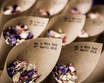 Wedding confetti Mr & Mrs Confetti cones Pack of 10 with 1 litre of biodegradable larkspur petals