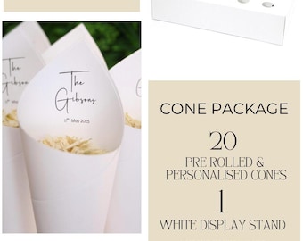 Conos de confeti para bodas y expositor. 20 conos preenrollados personalizados estilo Amour con 1 caja blanca (no incluye confeti).