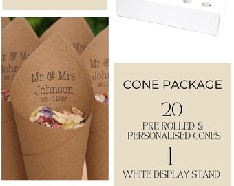 Conos de confeti para bodas y expositor. 20 conos preenrollados personalizados estilo Sr. y Sra. con 1 caja blanca (no incluye confeti).