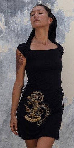 Dress Hoodie / Gold Quan Yin Print/open Back Cinch Sides
