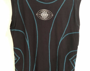 Flower of life and Sri Yantra Shirt, Black & Blue, "The Sri Eye Shirt,  Flower of Life print, Designer, Burning man, Festival wear, Z1