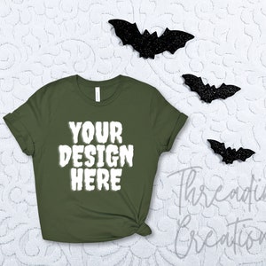 Bella and Canvas Military Green 3001 flat lay Halloween Mockup, Military Green Mock, Group Halloween mockup, Tshirt flat lay, Autumn mockup
