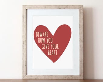 Jane Austen quote, Northanger Abbey quote, book quotes print, hand drawn quote, heart illustration