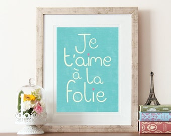 Arte mural francés, citas francesas, arte mural je t'aime, estampados inspiradores, amor francés, cita je t'aime, estampados de San Valentín, citas de amor, dormitorio