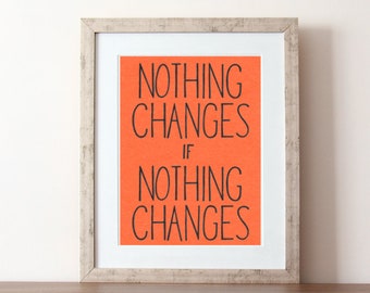 Inspirational quote, nothing changes, quote wall art, motivational quote, hand lettered, burnt orange print, self motivation, gym decor,