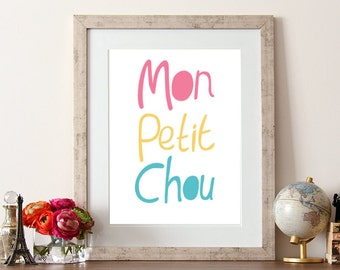 French typography, french love, mon petit chou, typographic print, french print, hand drawn, love quotes, french sayings, typography print