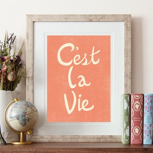 May include: A framed print with a peach background and white text that reads "C'est la Vie".