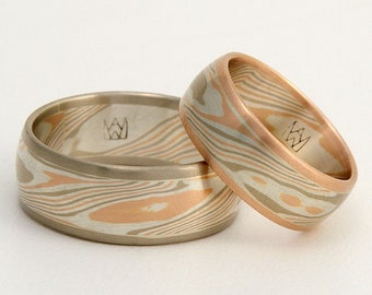 Woodgrain twist Mokume Gane Ring -  14k rose gold, 14k palladium white gold and silver with 14k rose gold edging