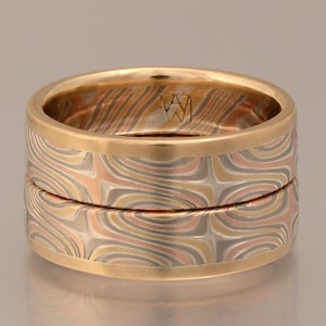 Etched Star pattern 4 color Mokume Gane Ring with solid rose or yellow gold edge image 1