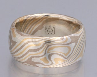 Mokume gane woodgrain twist ring, wide - 14k palladium white gold, 18k yellow gold and sterling silver