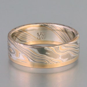 Custom Mokume Gane Ring -  18k yellow gold, 14k palladium white gold and silver with one 18k yellow gold edge