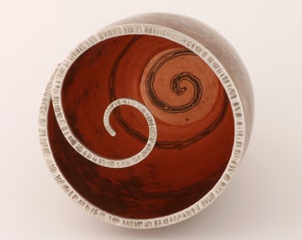 Raised Mokume gane Spiral vessel; copper and nickel silver mokume gane, with sterling silver rim