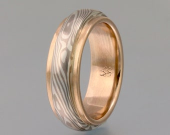 Custom mokume gane woodgrain ring - white gold and silver with 18k yellow gold base