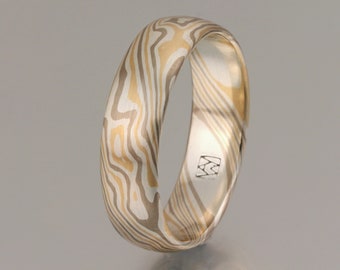 Mokume Gane woodgrain twist ring - 14k palladium white gold, 18k yellow gold and silver, smooth finish