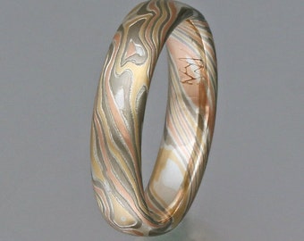 Custom mokume gane woodgrain ring - palladium, 18k yellow gold, 14k rose gold, and sterling silver