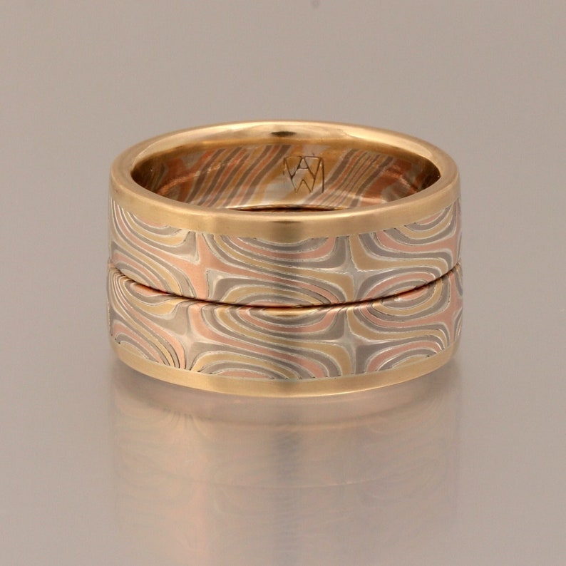 Etched Star pattern 4 color Mokume Gane Ring with solid rose or yellow gold edge image 1