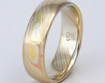 Custom Mokume Gane Ring 14k rose gold, 18k yellow gold and silver ring - woodgrain pattern