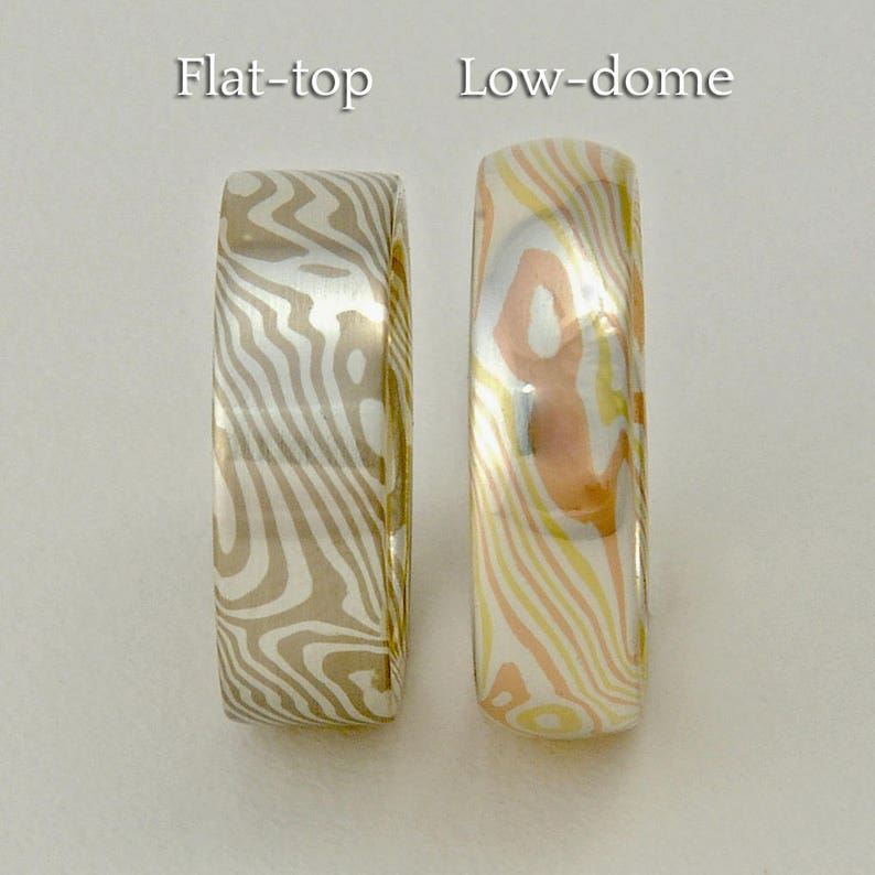 Etched, flat-top, narrow woodgrain Mokume Gane Ring 14k palladium white gold, 14k rose gold and silver image 3