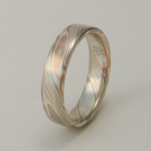 Custom Mokume Gane Ring 14k palladium white gold, 14k rose gold and silver in woodgrain pattern image 1