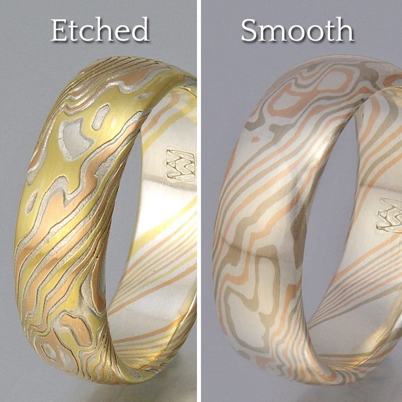 Etched Star pattern 4 color Mokume Gane Ring with solid rose or yellow gold edge image 3