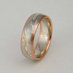 Custom Mokume Gane Ring -  14k palladium white gold and silver with 14k rose gold edging