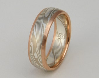 Personalisierter Mokume Gane Ring - 14k Palladium-Weißgold und Silber mit 14k Roségold-Einfassung