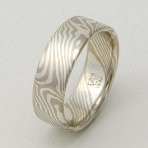 Custom Mokume Gane Ring -  14k palladium white gold and silver in woodgrain pattern