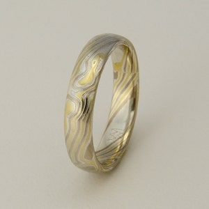 Custom Mokume Gane Ring -  14k palladium white gold, 18k yellow gold and silver in woodgrain pattern