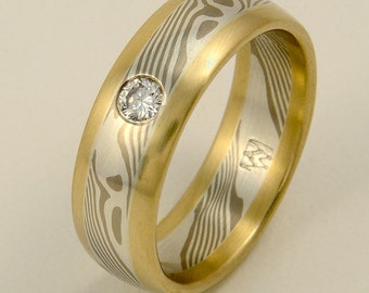 Individueller Mokume Gane Ring - 14k Palladium-Weißgold und Silber mit 750er Gelbgoldeinfassung und .07 Karat Diamant.