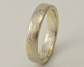 Mokume Gane Ring - 14k Palladium Weißgold, 18k Gelbgold und Silber in Holzgrain Muster