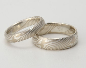 Custom Mokume Gane woodgrain Ring - 14k palladium white gold and silver ring - woodgrain pattern