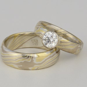 Custom mokume Gane 18k yellow gold, 14k palladium white gold and silver ring - woodgrain with stone