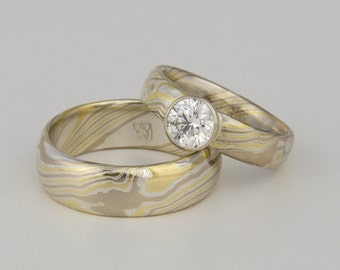 Custom mokume Gane 18k yellow gold, 14k palladium white gold and silver ring - woodgrain with stone