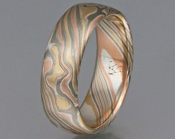 Holzgrain Mokume Gane Ring - Roségold, Palladium Weißgold, Gelbgold und Silber